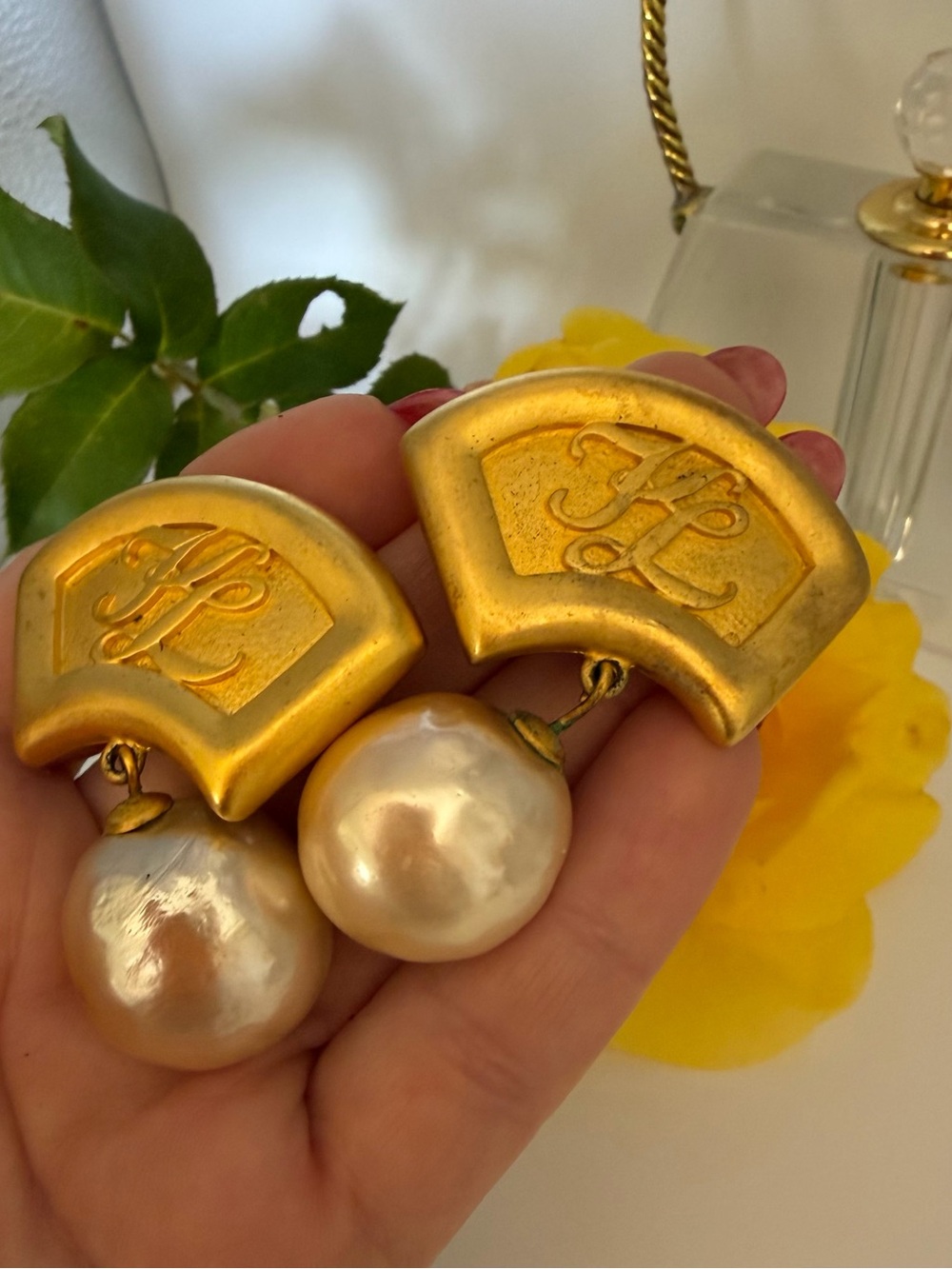 Vintage KARL LAGERFELD Signed Dangle Pearl Logo Fan Earrings Clip-on